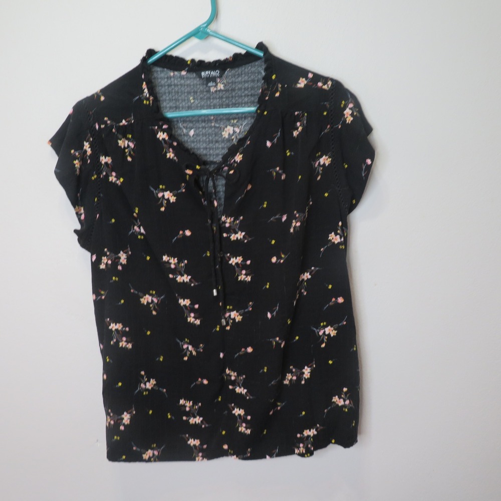 Buffalo David Bitton Black Floral Cap Sleeve Tie Neck Blouse Top Large